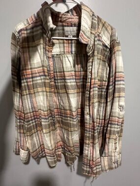 American Eagle Outfitters Plaid Flannel Button-Up in Cream, Brown, Pink